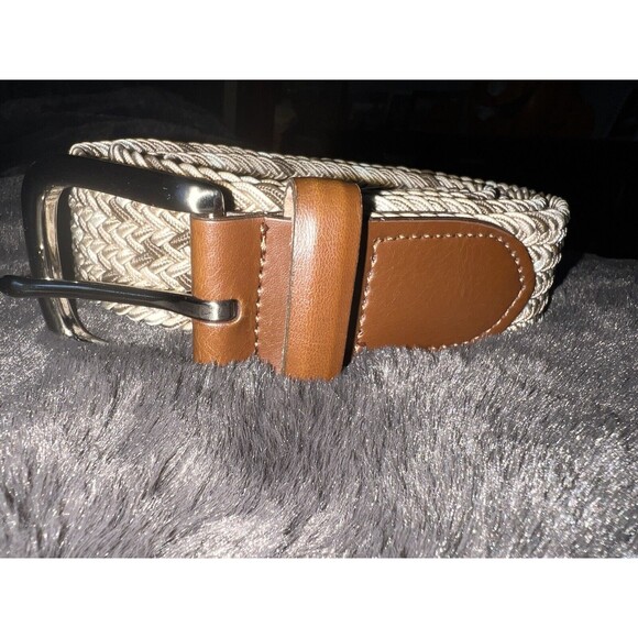 JOSEPH A BANKS MENS BELT Sz 54-56 BROWN MULTI WOVEN STRETCH KNIT LEATHER TRIM - Picture 6 of 7